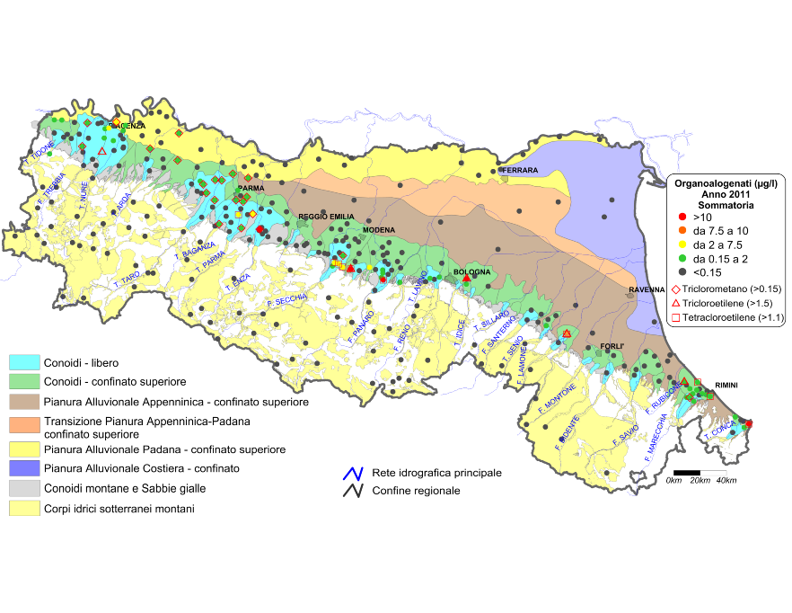 Concentrazione media annua di composti organoalogenati nei corpi idrici montani, liberi e confinati superiori (2011)