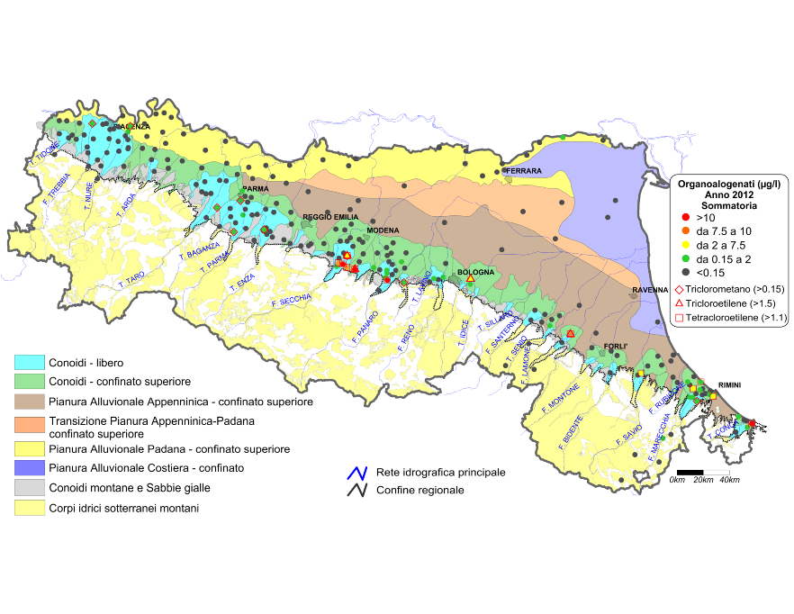 Concentrazione media annua di composti organoalogenati nei corpi idrici montani, liberi e confinati superiori (2012)
