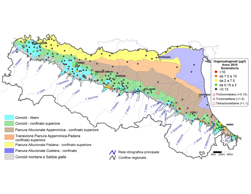 Concentrazione media annua di composti organoalogenati nei corpi idrici montani, liberi e confinati superiori (2015)
