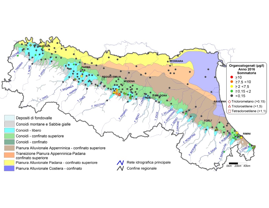 Concentrazione media annua di composti organoalogenati nei corpi idrici montani, liberi e confinati superiori (2016)