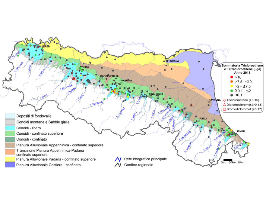 Concentrazione media annua di composti organoalogenati nei corpi idrici montani, liberi e confinati superiori (2018)