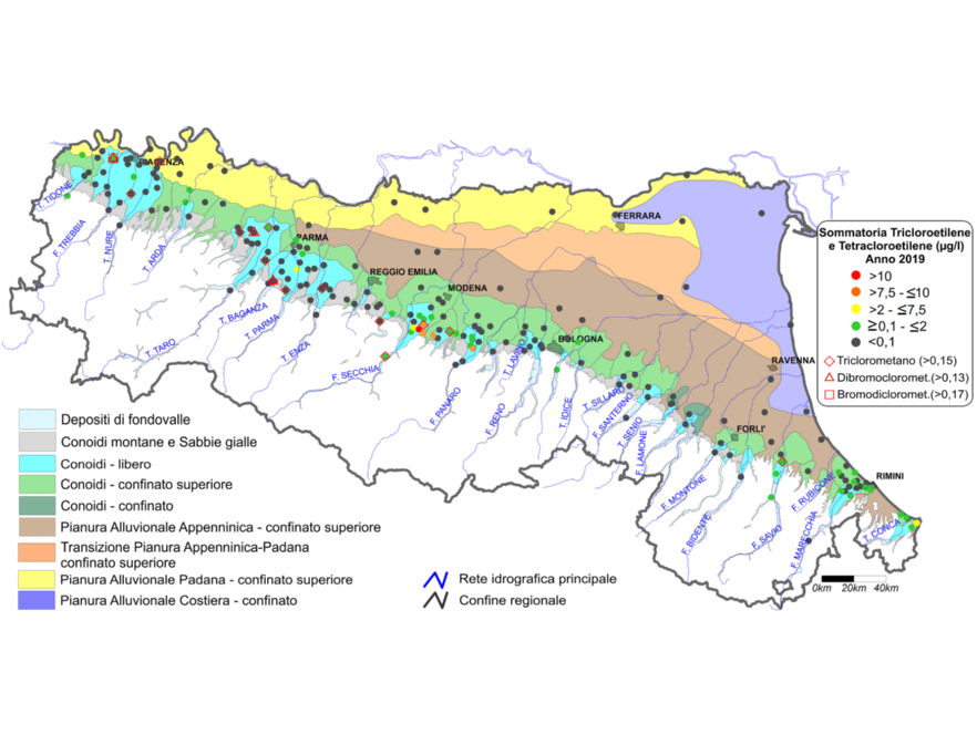 Concentrazione media annua di composti organoalogenati nei corpi idrici montani, liberi e confinati superiori (2019)