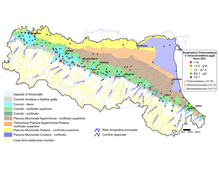 Concentrazione media annua di composti organoalogenati nei corpi idrici montani, liberi e confinati superiori (2021)