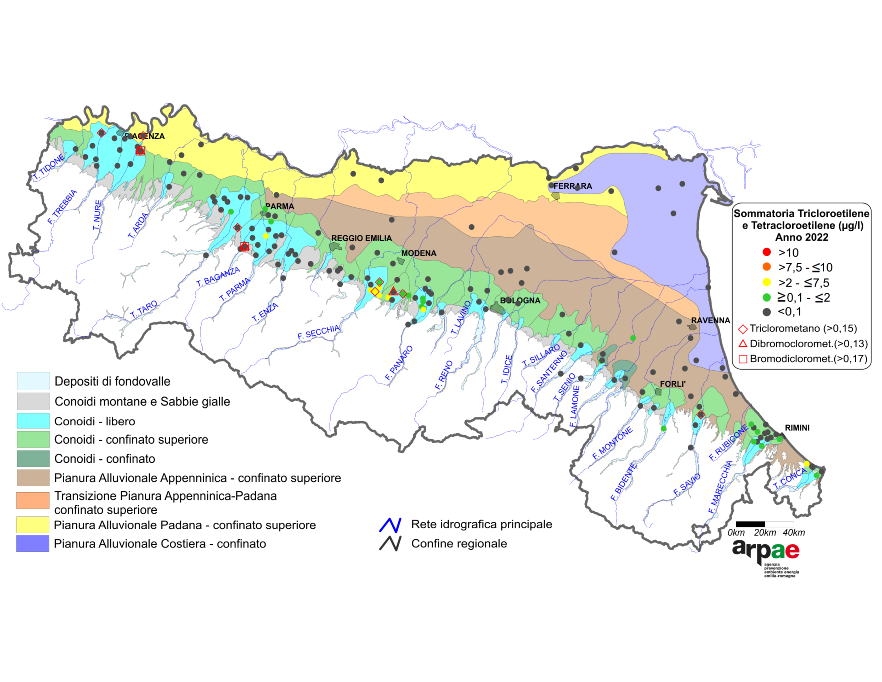 Concentrazione media annua di composti organoalogenati nei corpi idrici montani, liberi e confinati superiori (2022)