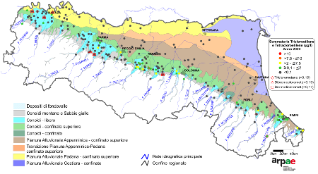 Figura 3: Concentrazione media annua di composti organoalogenati nei corpi idrici montani, liberi e confinati superiori (2023)