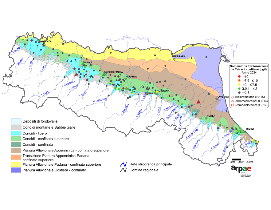 Concentrazione media annua di composti organoalogenati nei corpi idrici montani, liberi e confinati superiori (2024)