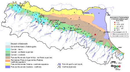 Figura 3: Concentrazione media annua di composti organoalogenati nei corpi idrici montani, liberi e confinati superiori (2024)