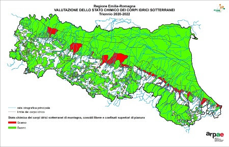 Figura 4: Valutazione dello stato chimico dei corpi idrici sotterranei montani, conoidi libere e confinati superiori di pianura (2020÷2022) 
