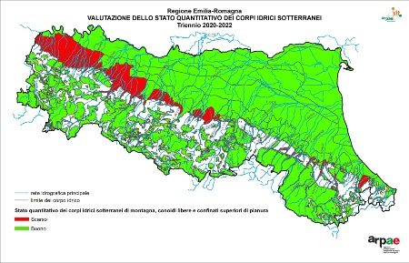 Figura 4: Stato quantitativo dei corpi idrici sotterranei montani, conoidi libere e confinati superiori di pianura (2020-2022) 