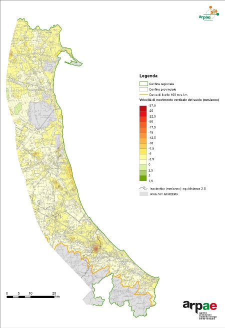 Figura 3: Carta della velocità di movimento verticale del suolo, a livello della fascia costiera (2016-2021)