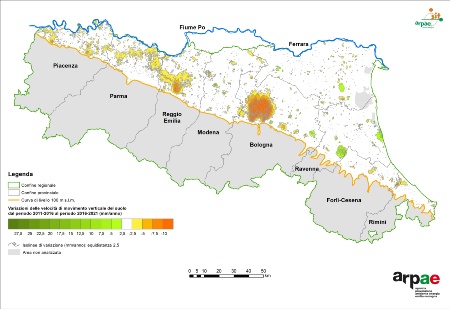 Figura 2: Carta delle variazioni delle velocità di movimento verticale del suolo, a livello regionale, (2011-2016 vs 2016-2021)