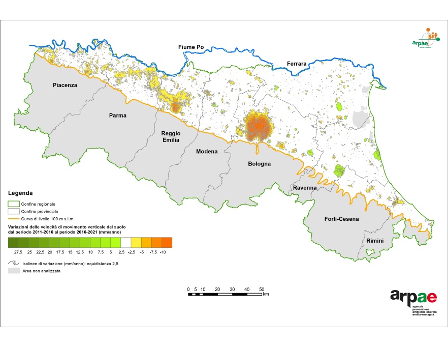 Carta delle variazioni delle velocità di movimento verticale del suolo, a livello regionale, (2011-2016 vs 2016-2021)