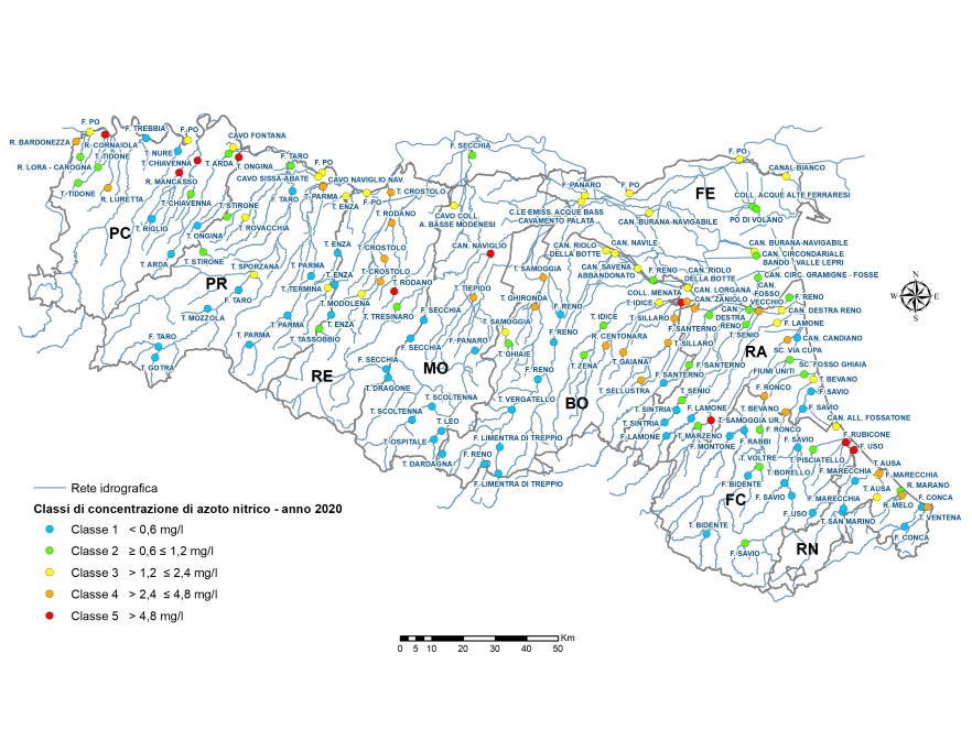 Distribuzione territoriale dei punti di monitoraggio (tutte le stazioni) e relativa classe di concentrazione (LIMeco) azoto nitrico (2020)