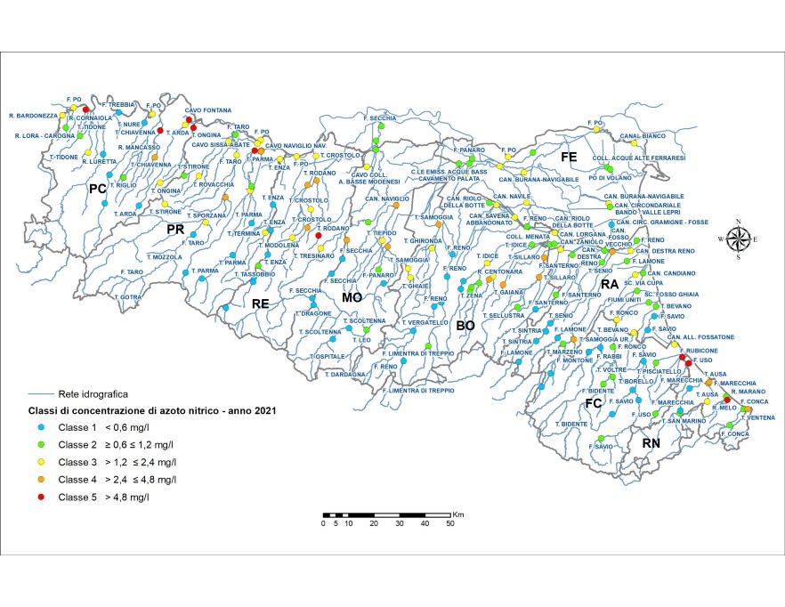 Distribuzione territoriale dei punti di monitoraggio (tutte le stazioni) e relativa classe di concentrazione (LIMeco) azoto nitrico (2021)