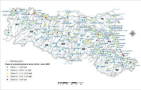 Figura 4: Distribuzione territoriale dei punti di monitoraggio (tutte le stazioni) e relativa classe di concentrazione (LIMeco) azoto nitrico (2022)