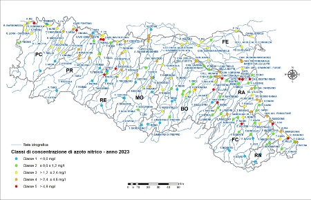 Figura 4: Distribuzione territoriale dei punti di monitoraggio (tutte le stazioni) e relativa classe di concentrazione (LIMeco) azoto nitrico (2023)