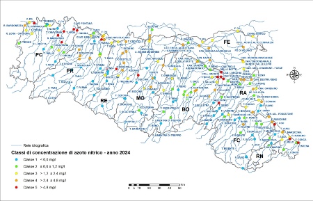 Figura 4: Distribuzione territoriale dei punti di monitoraggio (tutte le stazioni) e relativa classe di concentrazione (LIMeco) azoto nitrico (2024)