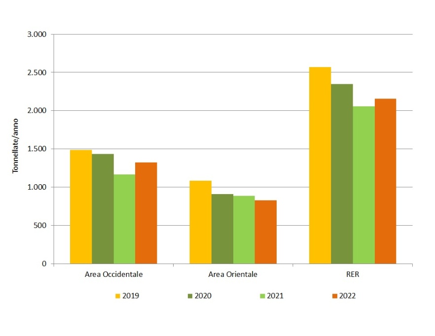  Emissione di azoto da depuratori –Figura 4: Emissione di azoto dai depuratori - Carichi annui provenienti da impianti di potenzialità superiore a 50.000 AE, per Area di competenza (stime 2019-2022)