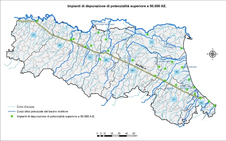 Figura 2: Localizzazione degli impianti di depurazione di acque reflue urbane di potenzialità superiore a 50.000 AE (anno 2018)