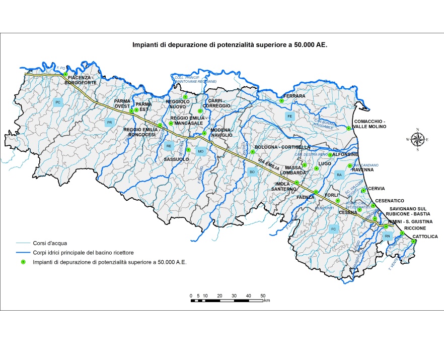 Localizzazione degli impianti di depurazione delle acque reflue urbane di potenzialità superiore a 50.000 AE (2020)