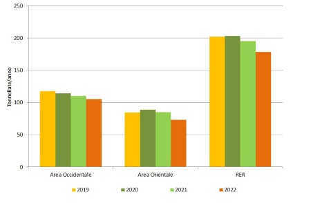 Figura 3: Emissione di fosforo da depuratori – Carichi annui provenienti da impianti di potenzialità superiore a 50.000 AE, per Area di competenza (stime 2019-2022)