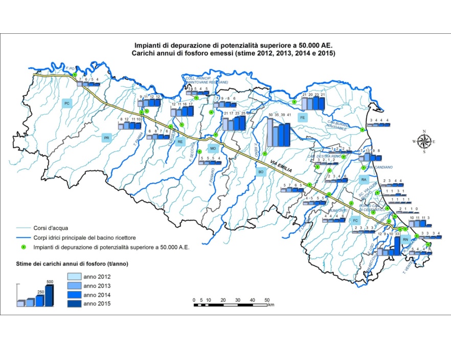 Impianti di depurazione di acque reflue urbane di potenzialità superiore a 50.000 AE - Carichi di fosforo emessi (stime 2012-2015)