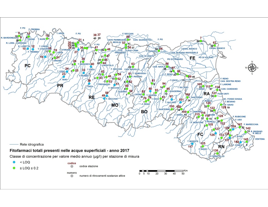Distribuzione territoriale della concentrazione media annua (≤ 0,2 µg/l) di fitofarmaci (sommatoria) nelle stazioni della rete delle acque superficiali fluviali (2017)