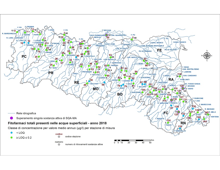 Distribuzione territoriale della concentrazione media annua (≤ 0,2 µg/l) di fitofarmaci (sommatoria) nelle stazioni della rete delle acque superficiali fluviali (2018)