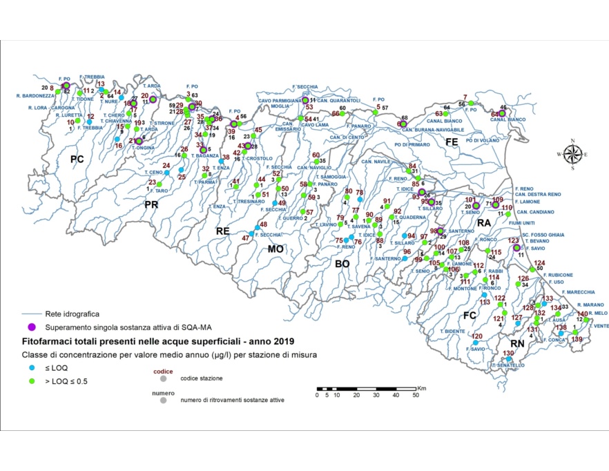 Distribuzione territoriale della concentrazione media annua (≤ 0,5 µg/l) di fitofarmaci (sommatoria) nelle stazioni della rete delle acque superficiali fluviali (2019)