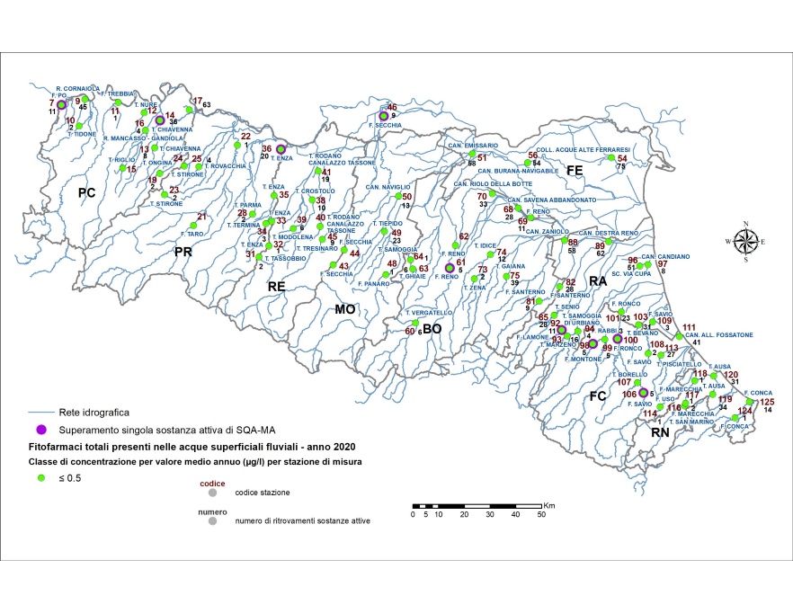 Distribuzione territoriale della concentrazione media annua (≤ 0,5 µg/l) di fitofarmaci (sommatoria) nelle stazioni della rete delle acque superficiali fluviali (2020)