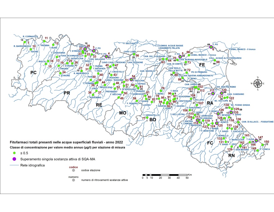 Distribuzione territoriale della concentrazione media annua (≤ 0,5 µg/l) di fitofarmaci (sommatoria) nelle stazioni della rete delle acque superficiali fluviali (2022