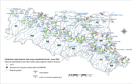 Figura 6A: Distribuzione territoriale della concentrazione media annua (≤ 0,5 µg/l) di fitofarmaci (sommatoria) nelle stazioni (*) della rete delle acque superficiali fluviali (2022).   Nota: (*) codice stazione di misura (vedi tabella paragrafo Descrizione)