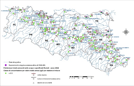Figura 5A: Distribuzione territoriale della concentrazione media annua (≤ 0,5 µg/l) di fitofarmaci totali (sommatoria) nelle stazioni (*) della rete delle acque superficiali fluviali (2024).   Nota: (*) codice stazione di misura (vedi tabella paragrafo Descrizione)
