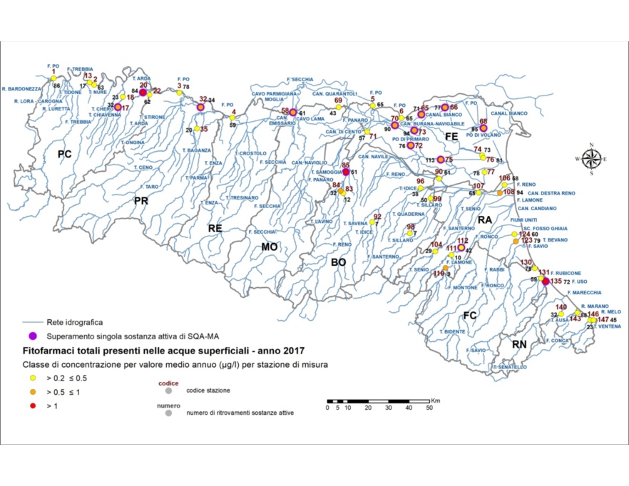 Distribuzione territoriale della concentrazione media annua (> 0,2 µg/l) di fitofarmaci (sommatoria) nelle stazioni della rete delle acque superficiali fluviali (2017)