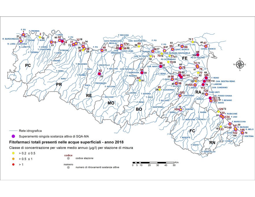 Distribuzione territoriale della concentrazione media annua (> 0,2 µg/l) di fitofarmaci (sommatoria) nelle stazioni della rete delle acque superficiali fluviali (2018)