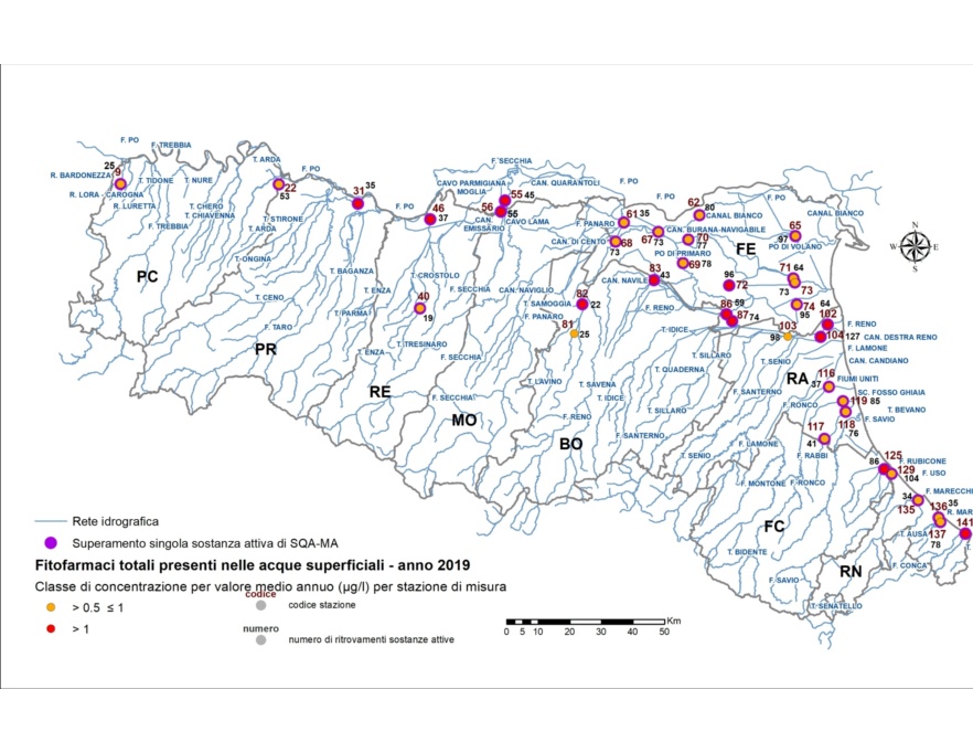 Distribuzione territoriale della concentrazione media annua (> 0,5 µg/l) di fitofarmaci (sommatoria) nelle stazioni della rete delle acque superficiali fluviali (2019)