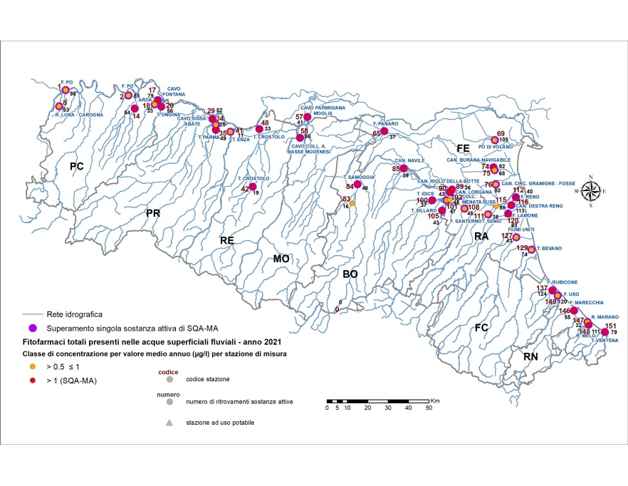 Distribuzione territoriale della concentrazione media annua (> 0,5 µg/l) di fitofarmaci (sommatoria) nelle stazioni della rete delle acque superficiali fluviali (2021)