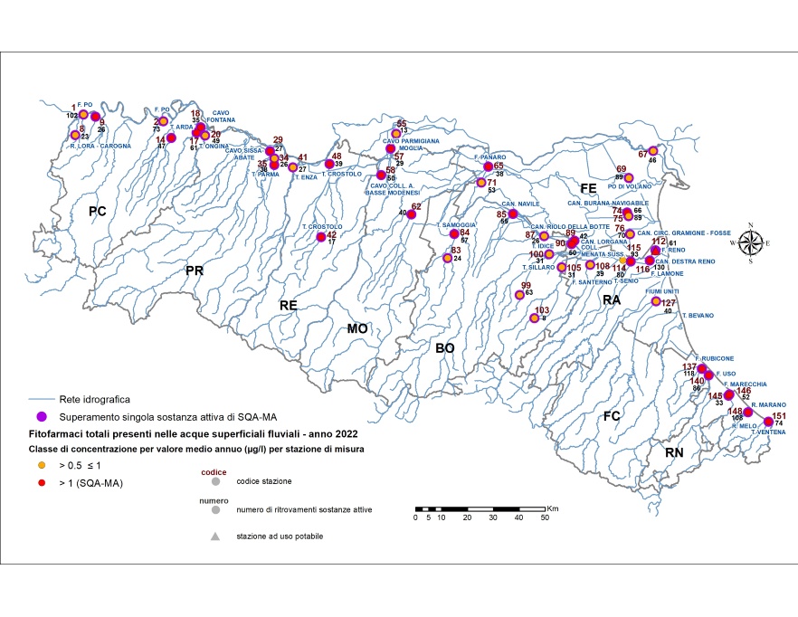 Distribuzione territoriale della concentrazione media annua (> 0,5 µg/l) di fitofarmaci (sommatoria) nelle stazioni della rete delle acque superficiali fluviali (2022)
