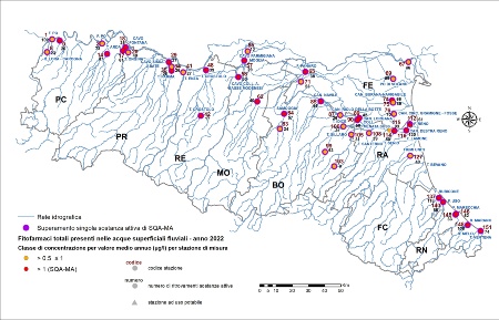 Figura 6B: Distribuzione territoriale della concentrazione media annua (> 0,5 µg/l) di fitofarmaci (sommatoria) nelle stazioni (*) della rete delle acque superficiali fluviali (2022).   Nota: (*) codice stazione di misura (vedi tabella paragrafo Descrizione)