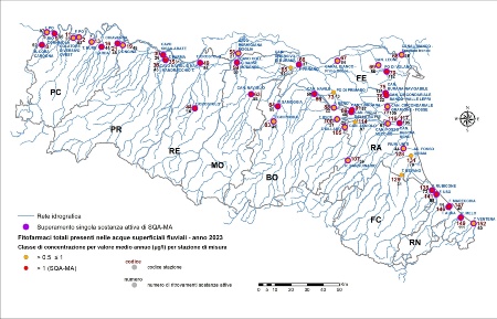 Figura 5B: Distribuzione territoriale della concentrazione media annua (> 0,5 µg/l) di fitofarmaci totali (sommatoria) nelle stazioni (*) della rete delle acque superficiali fluviali (2023).   Nota: (*) codice stazione di misura (vedi tabella paragrafo Descrizione)