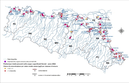 Figura 5B: Distribuzione territoriale della concentrazione media annua (> 0,5 µg/l) di fitofarmaci totali (sommatoria) nelle stazioni (*) della rete delle acque superficiali fluviali (2024).   Nota: (*) codice stazione di misura (vedi tabella paragrafo Descrizione)