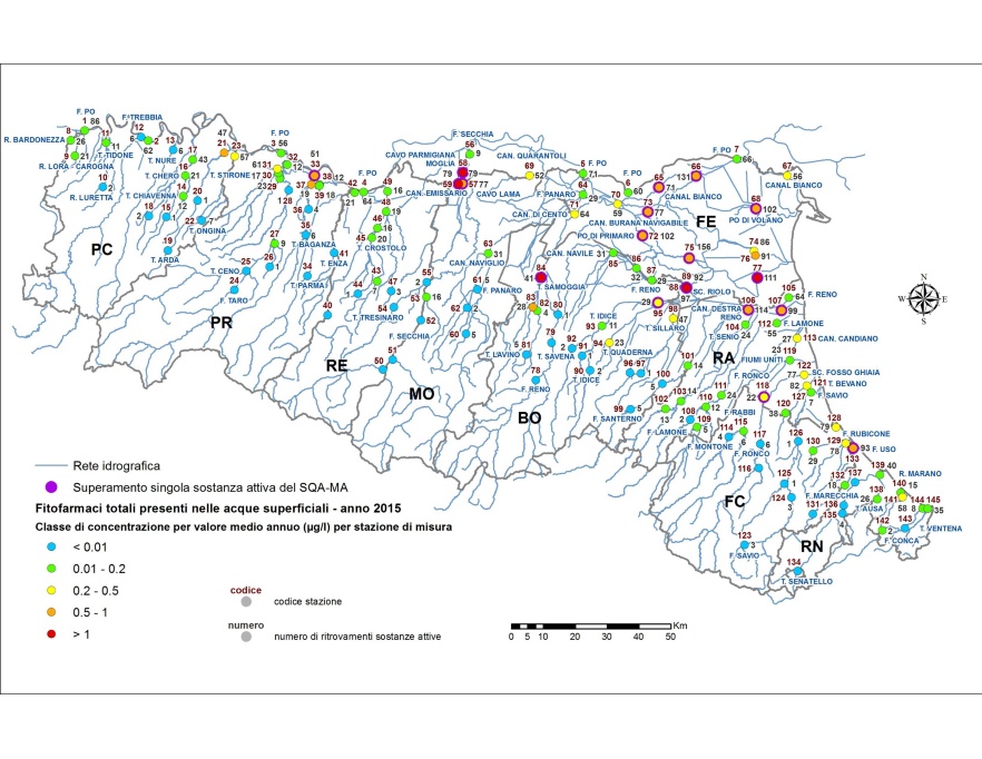 Distribuzione territoriale della concentrazione media annua di fitofarmaci (sommatoria) nelle stazioni della rete delle acque superficiali fluviali (2015)