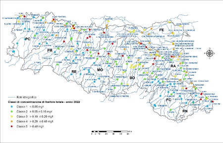 Figura 4: Distribuzione territoriale dei punti di monitoraggio (tutte le stazioni) e relativa classe di concentrazione di fosforo totale (2022) 