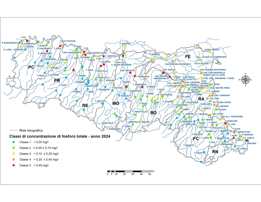 Distribuzione territoriale dei punti di monitoraggio (tutte le stazioni) e relativa classe di concentrazione di fosforo totale (2024) 