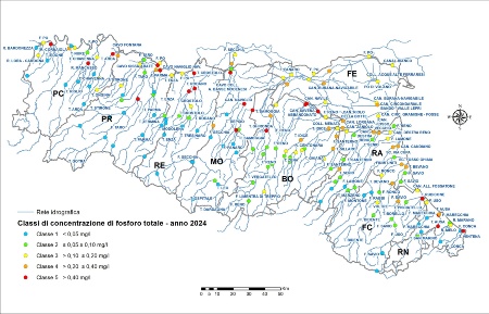 Figura 4: Distribuzione territoriale dei punti di monitoraggio (tutte le stazioni) e relativa classe di concentrazione di fosforo totale (2024) 