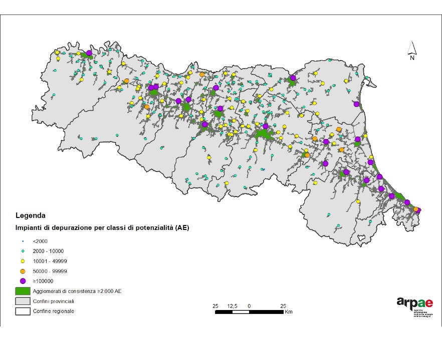 Depuratori delle acque reflue urbane al servizio degli agglomerati* di consistenza ≥ 2.000 AE** (2023)