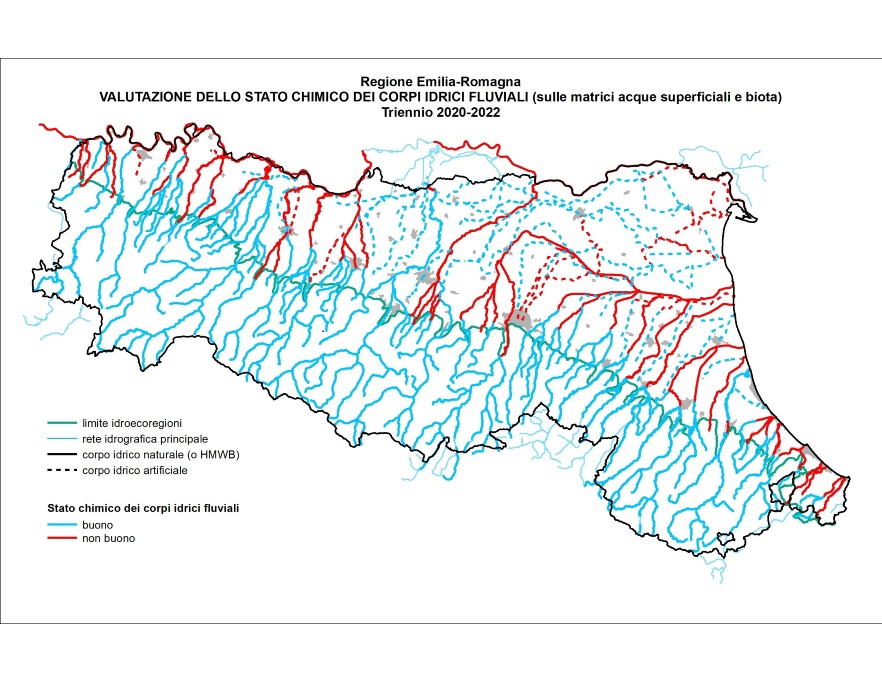 Distribuzione territoriale dello Stato chimico dei corsi d’acqua (2020÷2022)