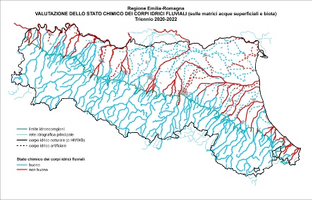 Figura 1: Distribuzione territoriale della valutazione dello Stato chimico dei corsi d’acqua (2020÷2022)
