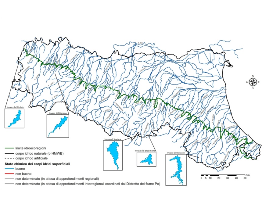 Distribuzione territoriale della valutazione dello Stato chimico dei corpi idrici lacustri (invasi) (2014÷2016)
