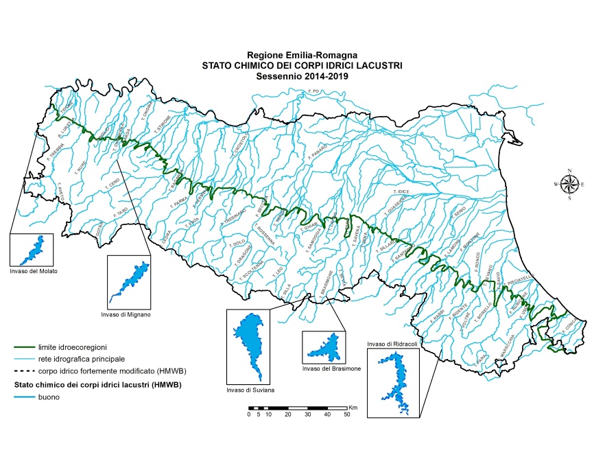 Distribuzione territoriale della valutazione dello Stato chimico dei corpi idrici lacustri (invasi) (2014÷2019)